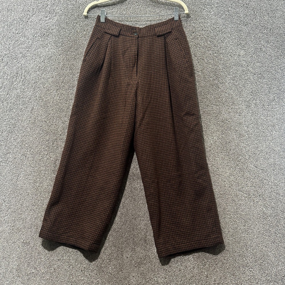 Jones New York Vintage Brown Houndstooth 100% Worsted Wool Wide Leg Pants 10